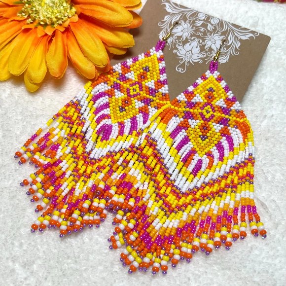 Hand Beaded Long Fringe Earrings Huge Southwest Tribal Ethnic Native Indian NWT - Picture 5 of 6